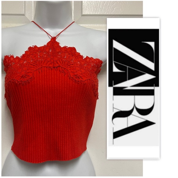 Zara Red Intense Lace Ribbed Cropped Top - Picture 2 of 10